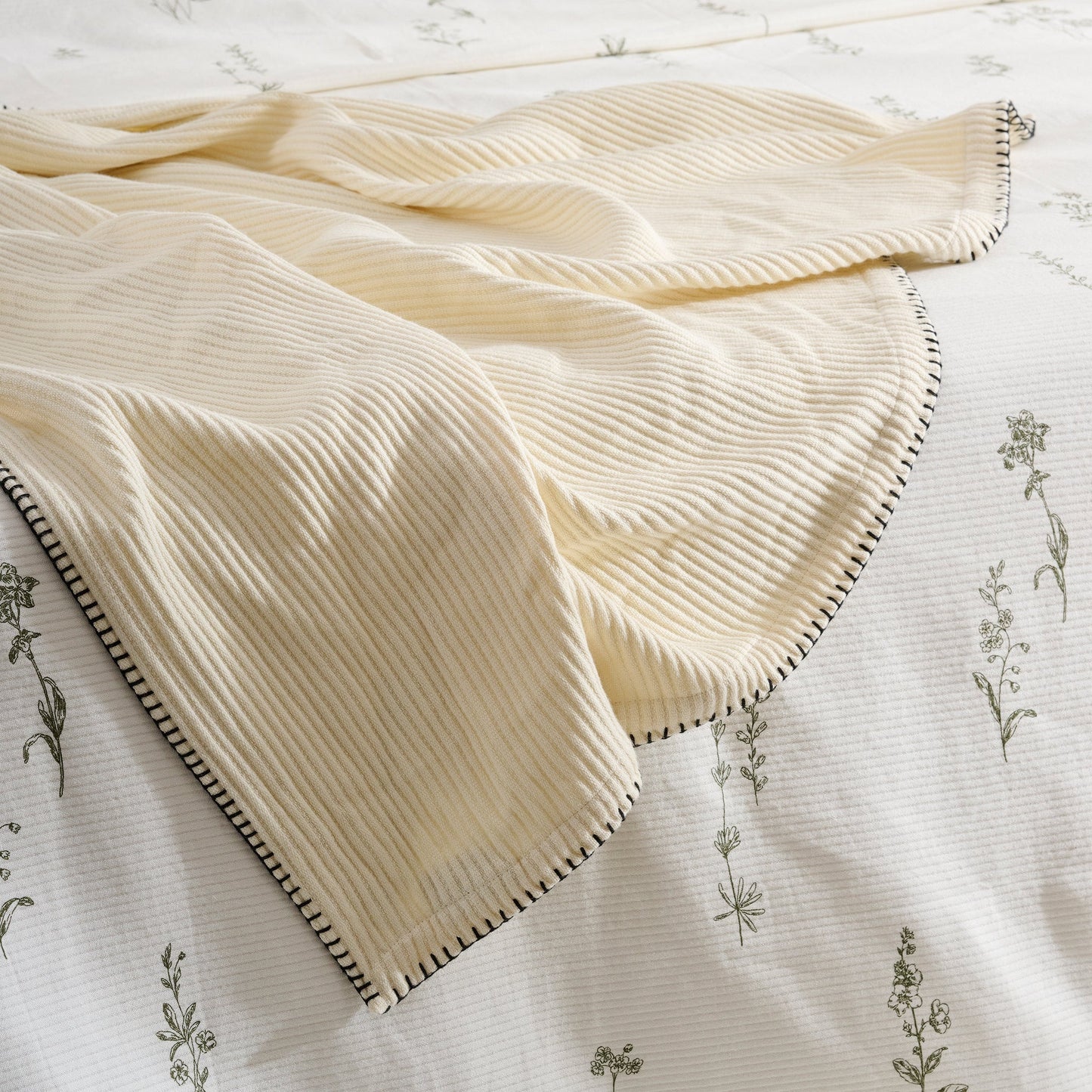 Throw Blanket | Cotton-Bamboo Whipstitch Ribbed | Cream