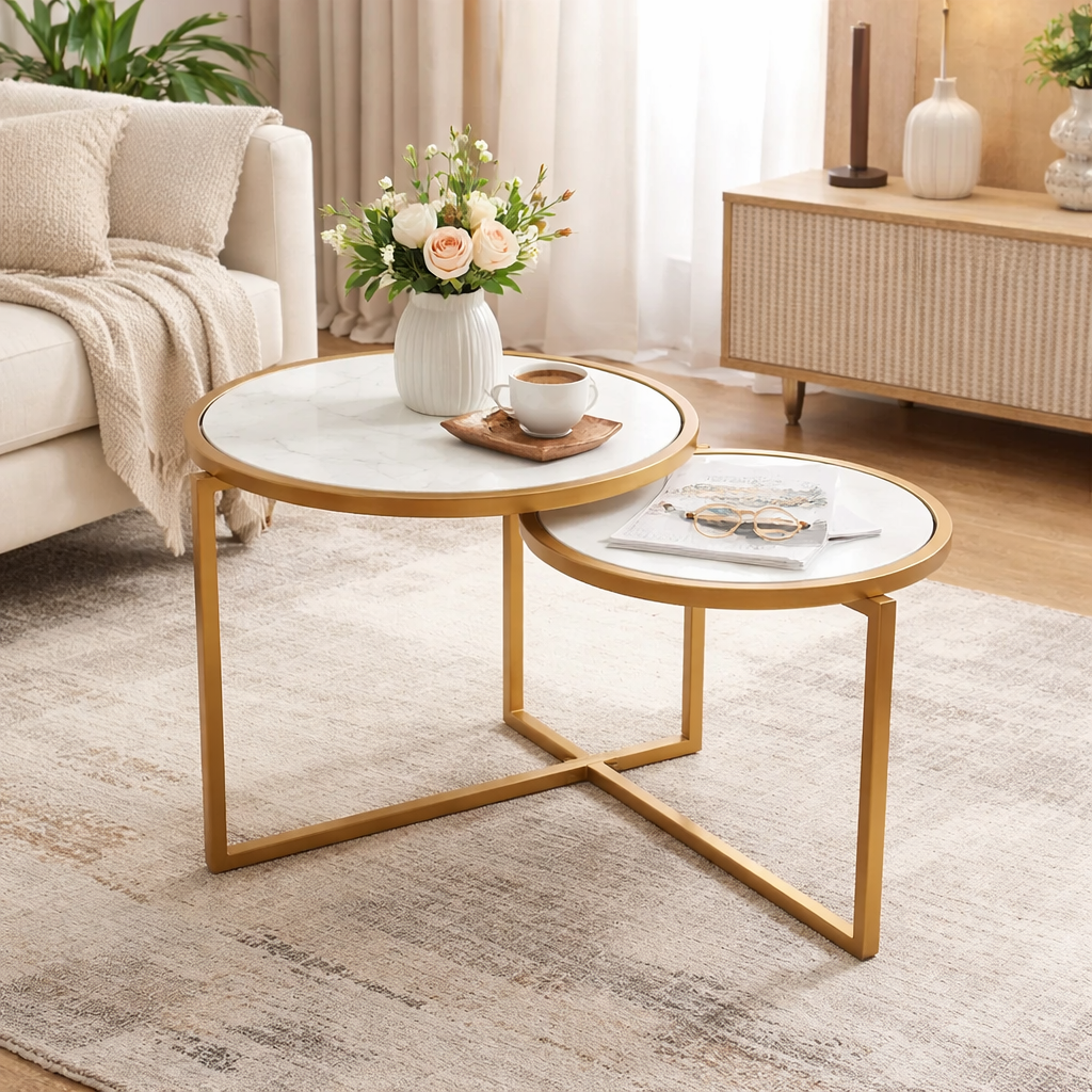 Luxury Round Marble Side Table with Gold Frame – Two Tier