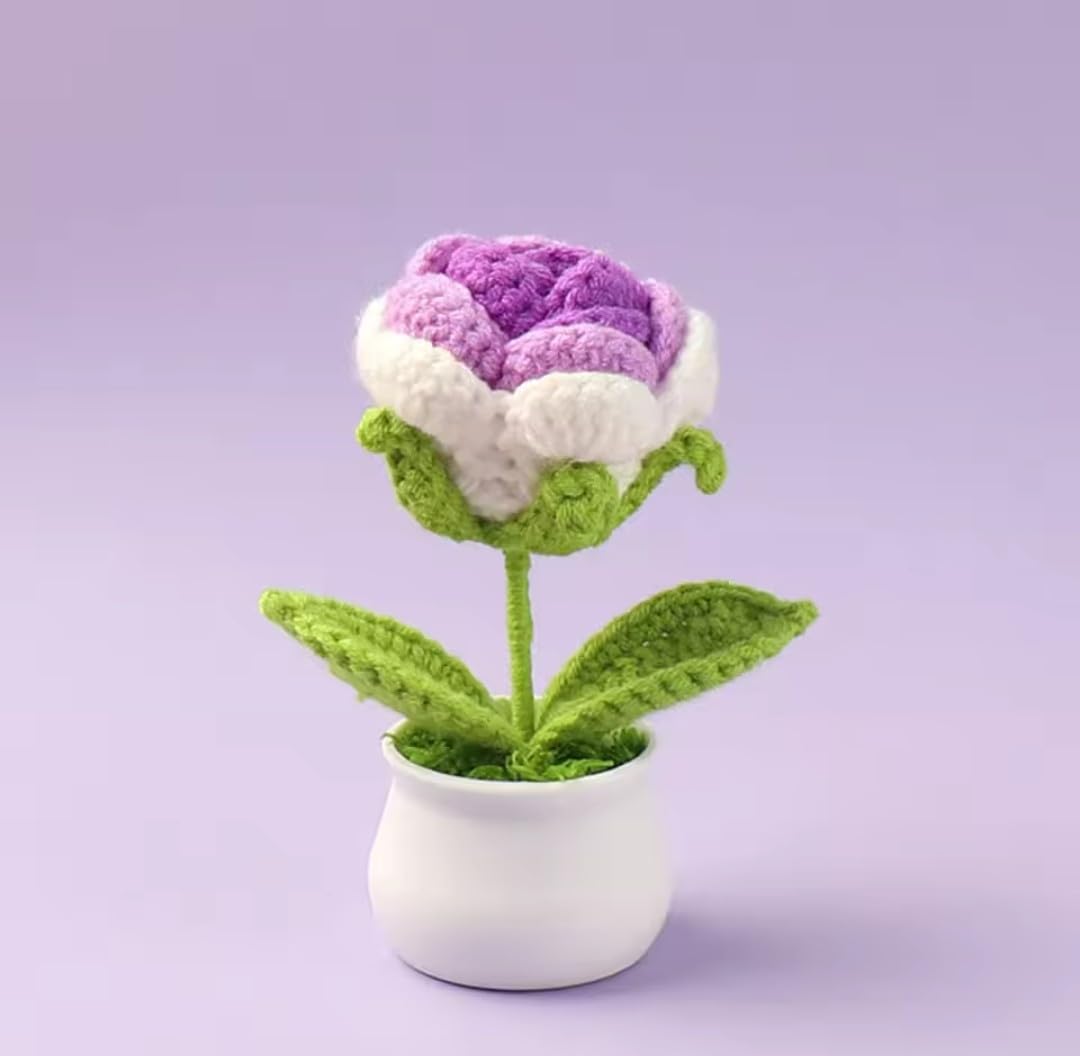 Handmade Knitted Rose – Potted Faux Flower – Premium Woolen Yarn – Single Unit Display