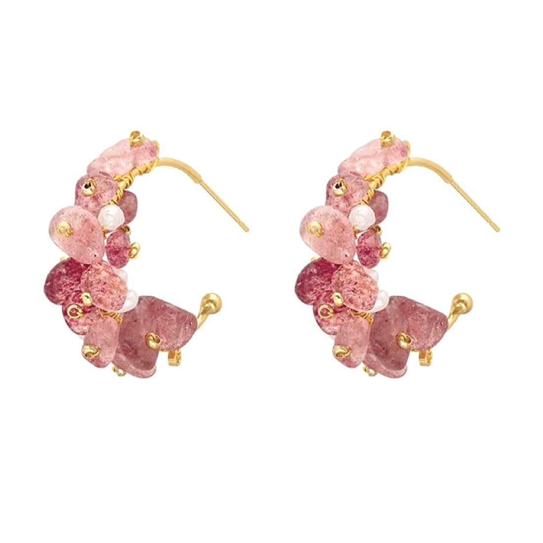 Stone Studded Hoop Earrings – Clip-On Earrings – Gold Tone Pink & White Stones – Pair