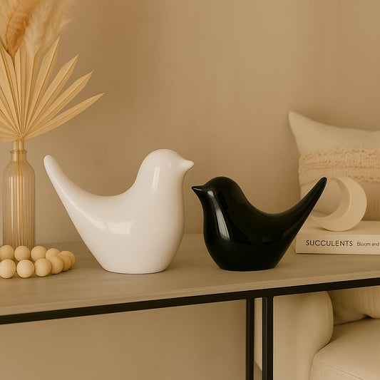 White & Black Glossy Ceramic Bird Figurines Set of 2 | Modern Home Decor, Tabletop Ornaments, Shelf Decor