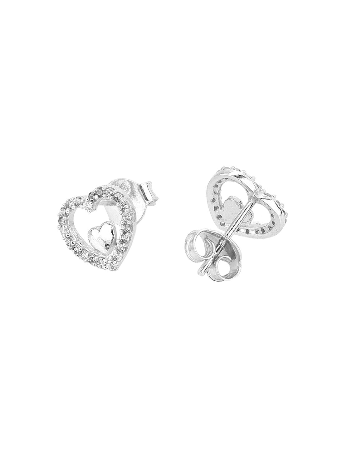 925 Sterling Silver Heart Studs – Rhodium-Plated Earrings – CZ Accented – 0.90 cm