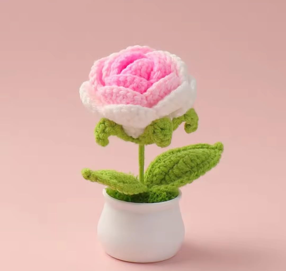 Potted Crochet Rose – Artificial Floral Display – Wool Yarn Crafted – Single Unit Desk Accent