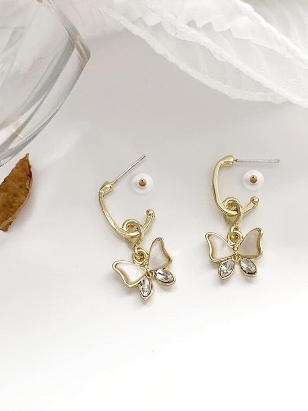 Butterfly Charm Huggie Hoop Drop Earrings – Fashion Jewellery – Gold Tone Alloy – Retail Pair