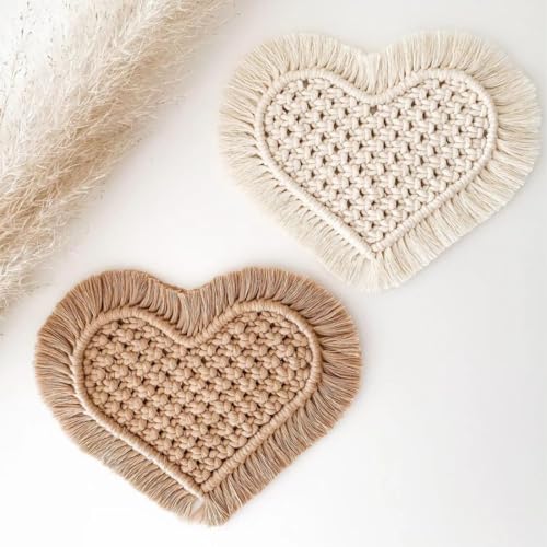 Heart Shaped Handwoven Macrame Coasters – Natural Cotton Bohemian Style - 2pc