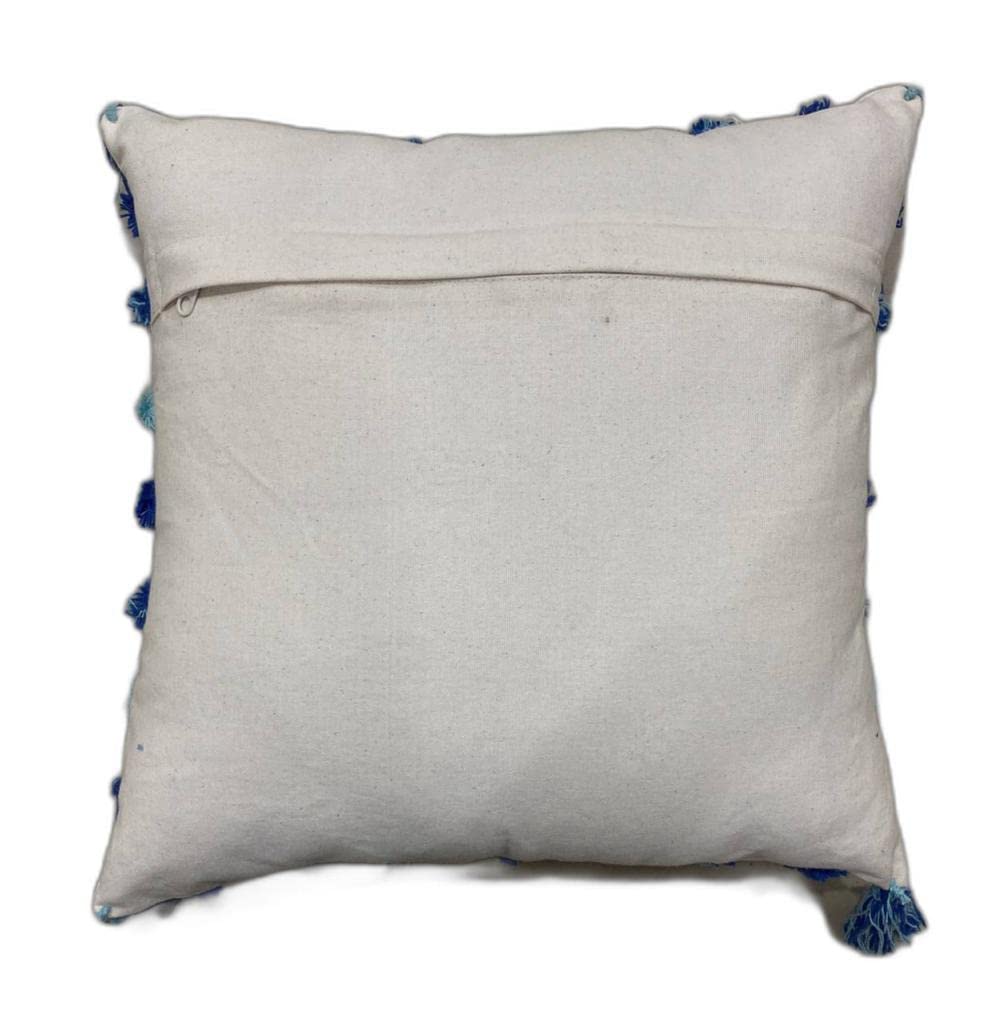 Tufted Geometric Dark Blue Pom Pom Throw Cushion Cover, 16x16 Inch, 1 Piece | Boho Accent Pillow, Sofa Decor