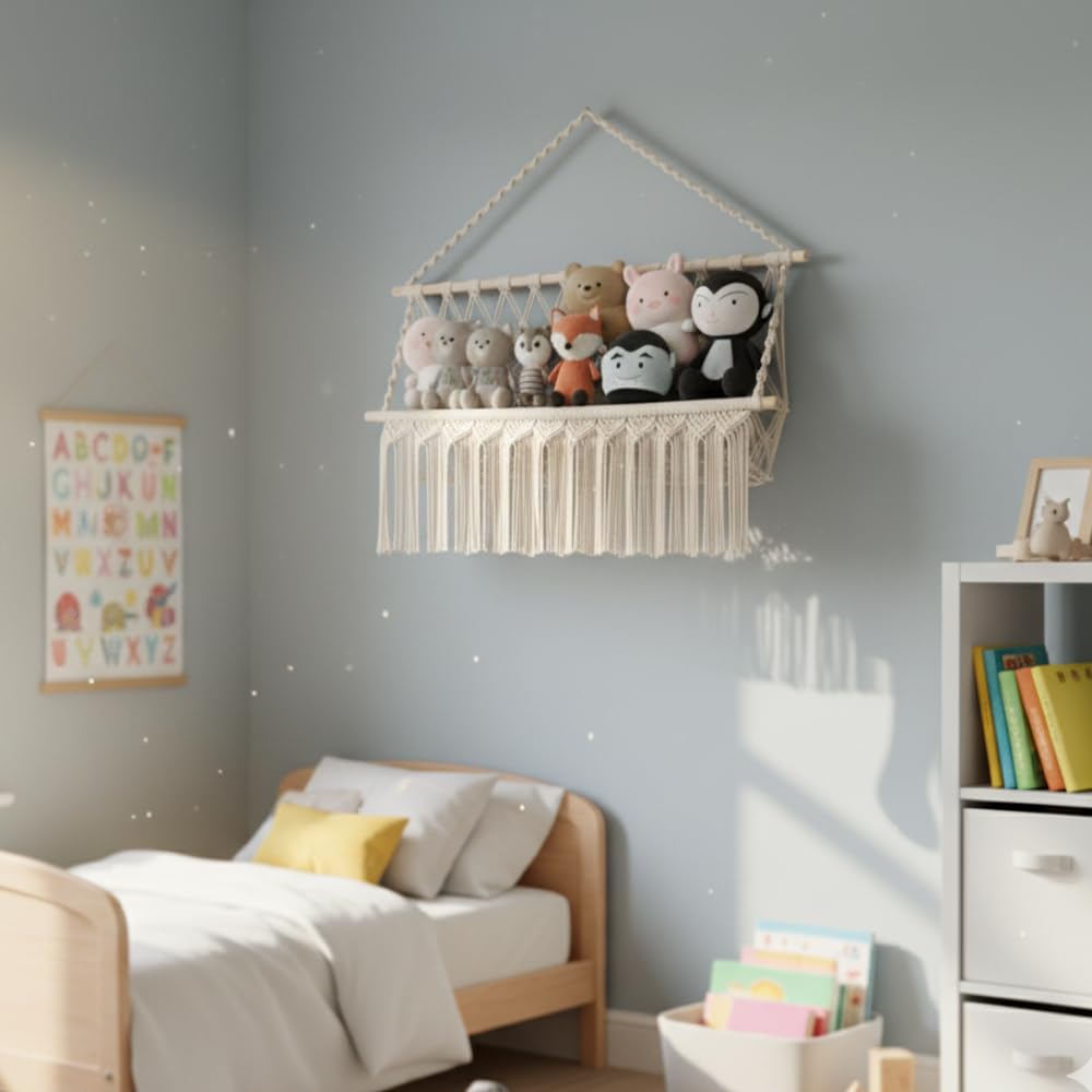 Macrame Toy Hammock – Corner Storage Solution – Cotton Rope – Single Tier