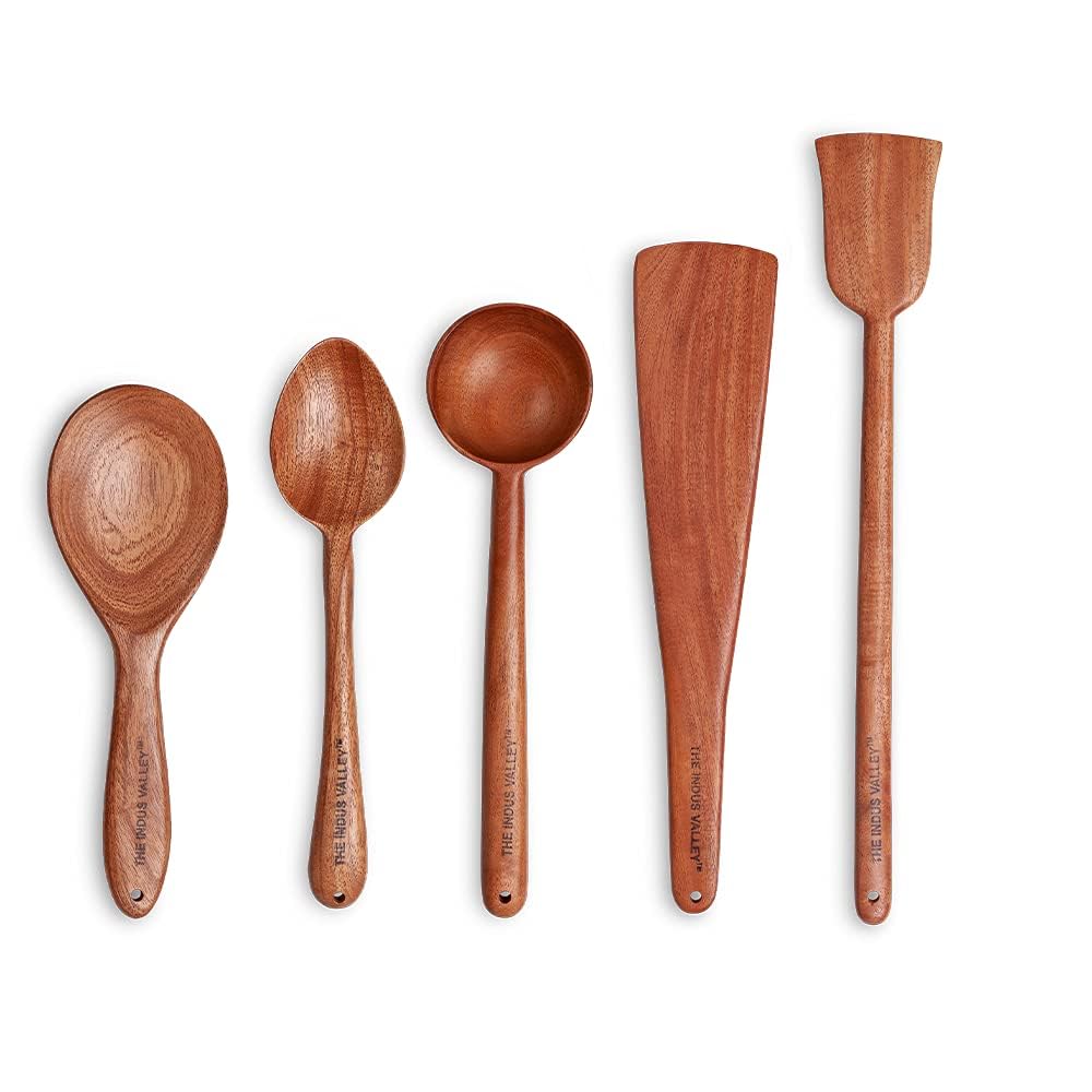 Neem Wood Cooking Utensil Set – Spatulas & Ladles – Natural Non-Stick – 5-Piece, 37CM