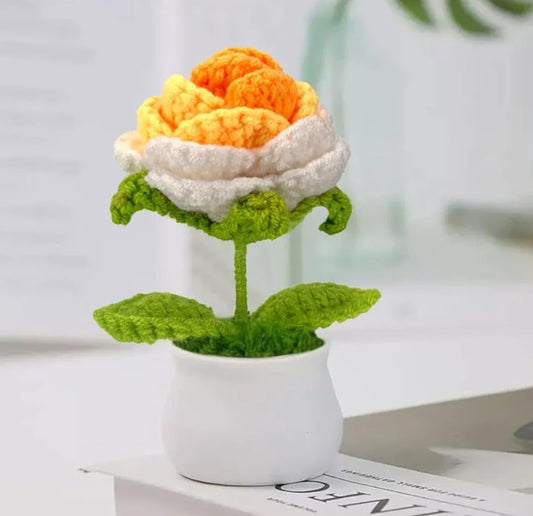 Potted Knitted Floral Sculpture – Decorative Accent – Woolen Yarn – Single Unit
