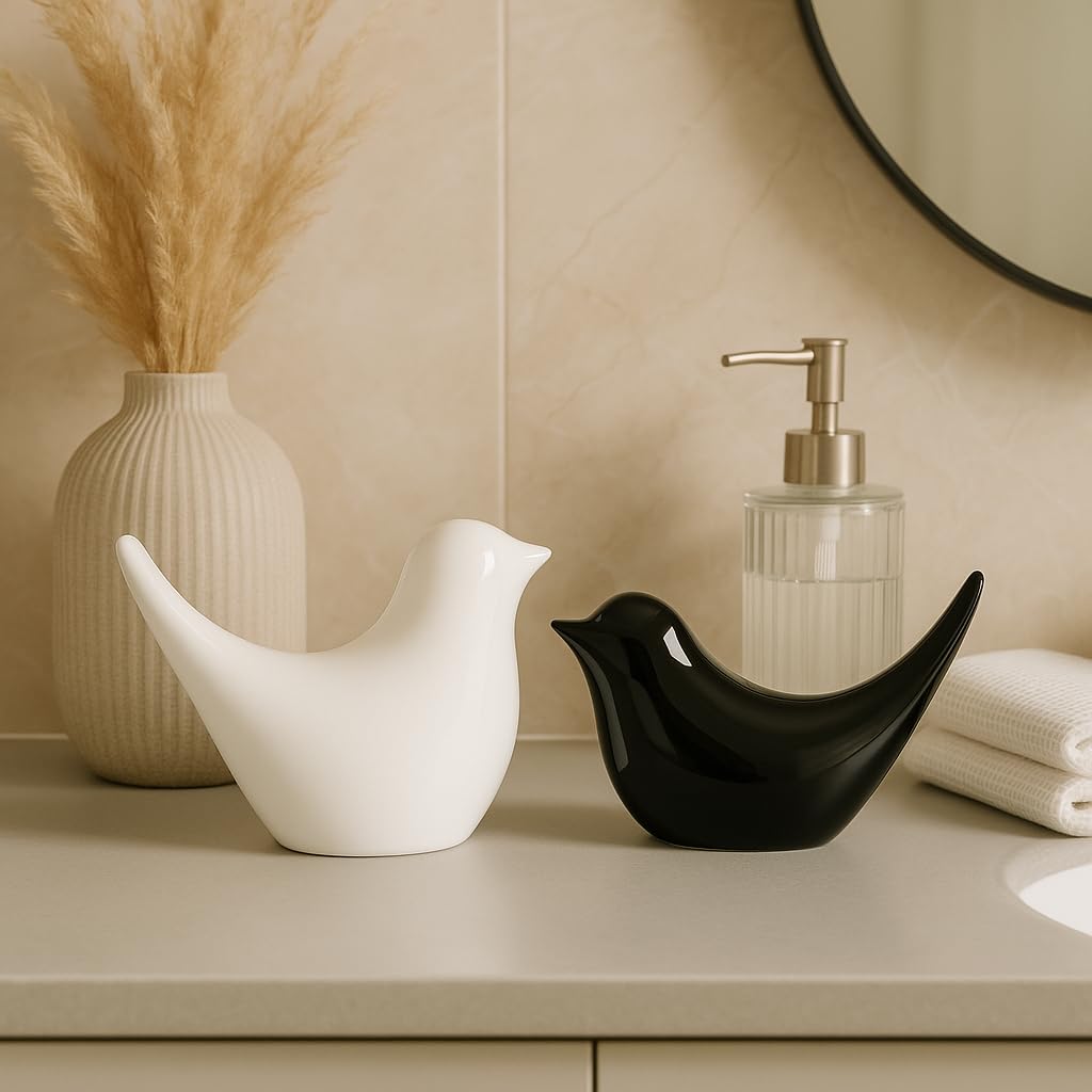 White & Black Glossy Ceramic Bird Figurines Set of 2 | Modern Home Decor, Tabletop Ornaments, Shelf Decor