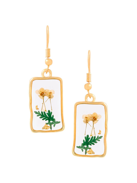 Yellow Flower Pressed Drop Earrings – Fashion Jewelry – Resin & Gold Finish – Single Pair