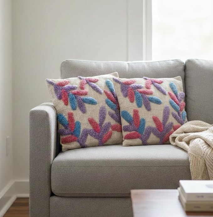Sofa Throw & Cushion Cover Set – Home Textile Combo – Hand Tufted Cotton – 3-Piece: 50x60 Throw, 16x16 Covers