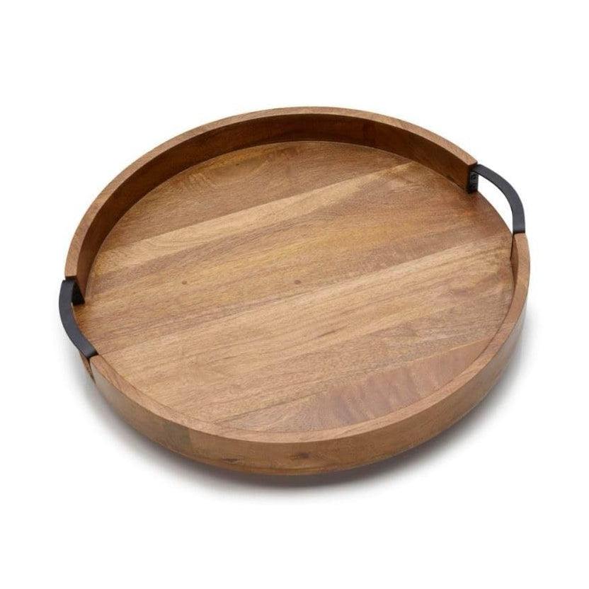 Plateau de service rond rustique en bois – Plateau en bois brun – Poignée en fer – Dimensions moyennes : 28 x 28 x 4 cm