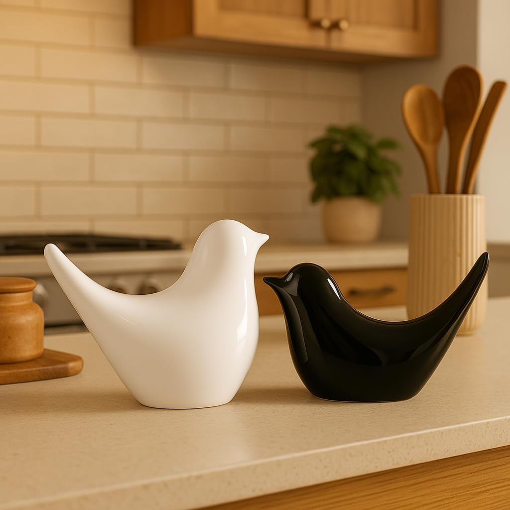 White & Black Glossy Ceramic Bird Figurines Set of 2 | Modern Home Decor, Tabletop Ornaments, Shelf Decor