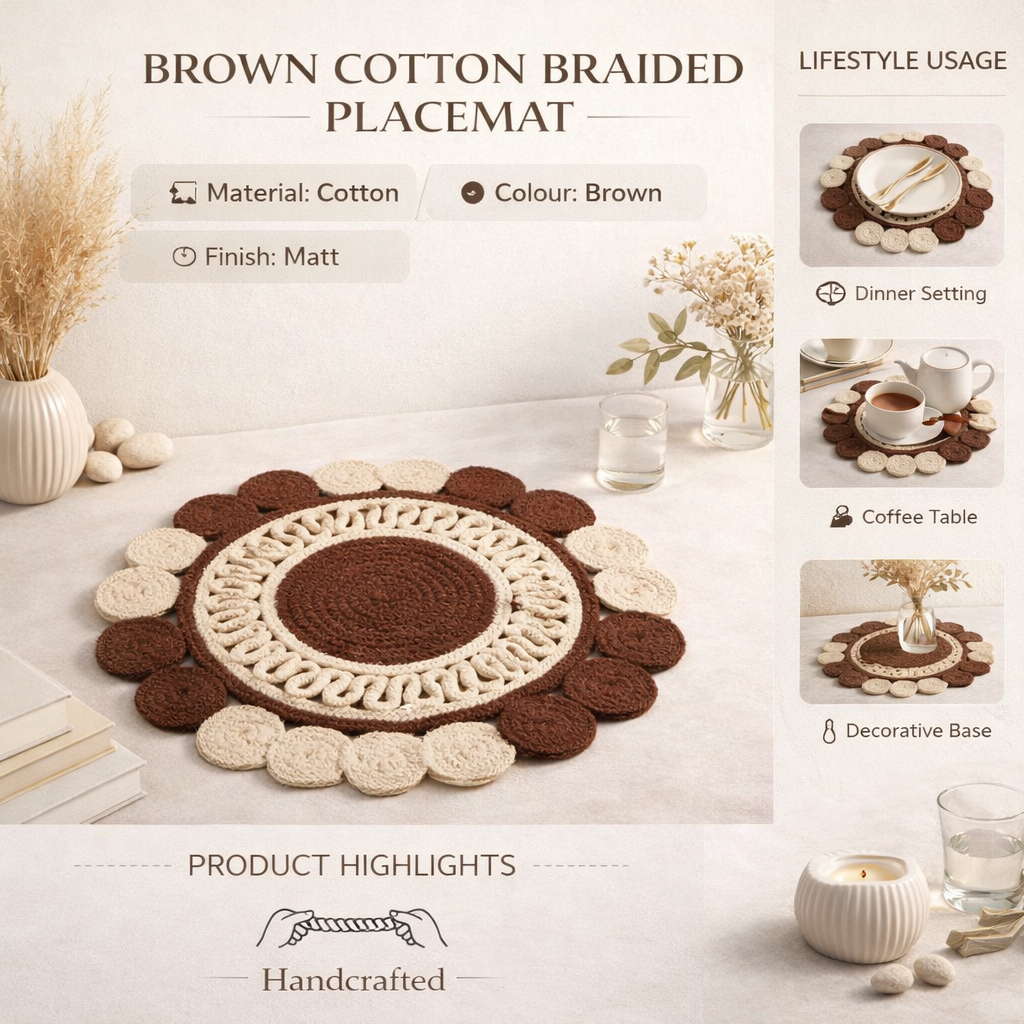 Brown Cotton Braided Placemat – Handcrafted Dining Mat