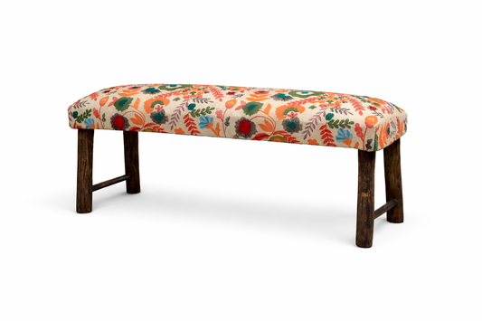 Floral Cotton bench Upholstered with Wooden Legs 114 cm