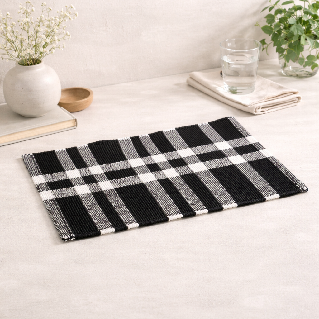 Charcoal Checker Stripe Dining Placemat – Durable Polyester