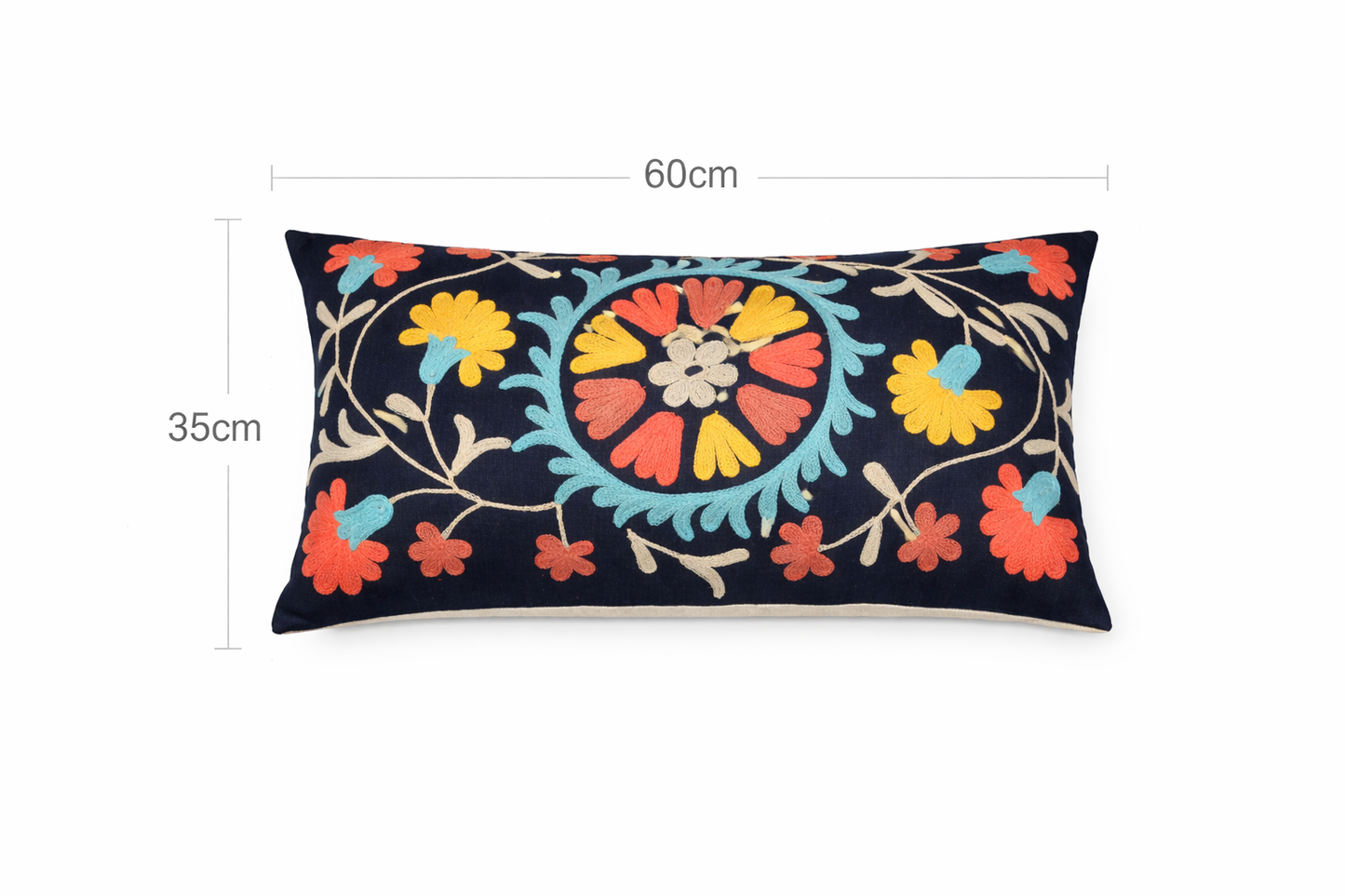 Indigo Aari Embroidered Cotton Lumbar Cushion 35 x 60 cm