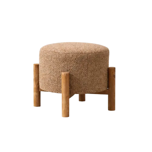 Beige Boucle Ottoman Stool with Wood Legs – 40 cm