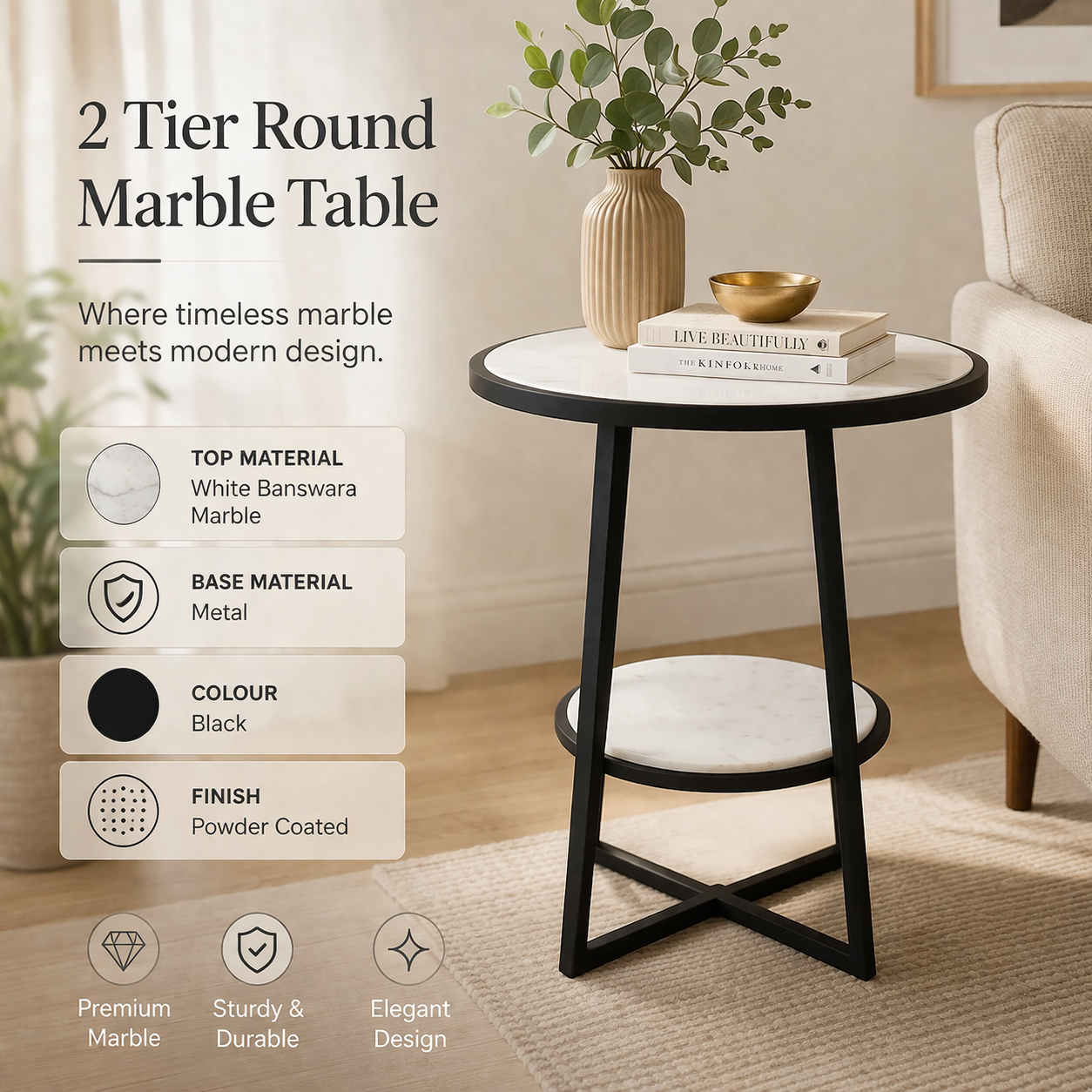 Modern 2-Tier Marble Table with Sturdy Iron Tripod Base