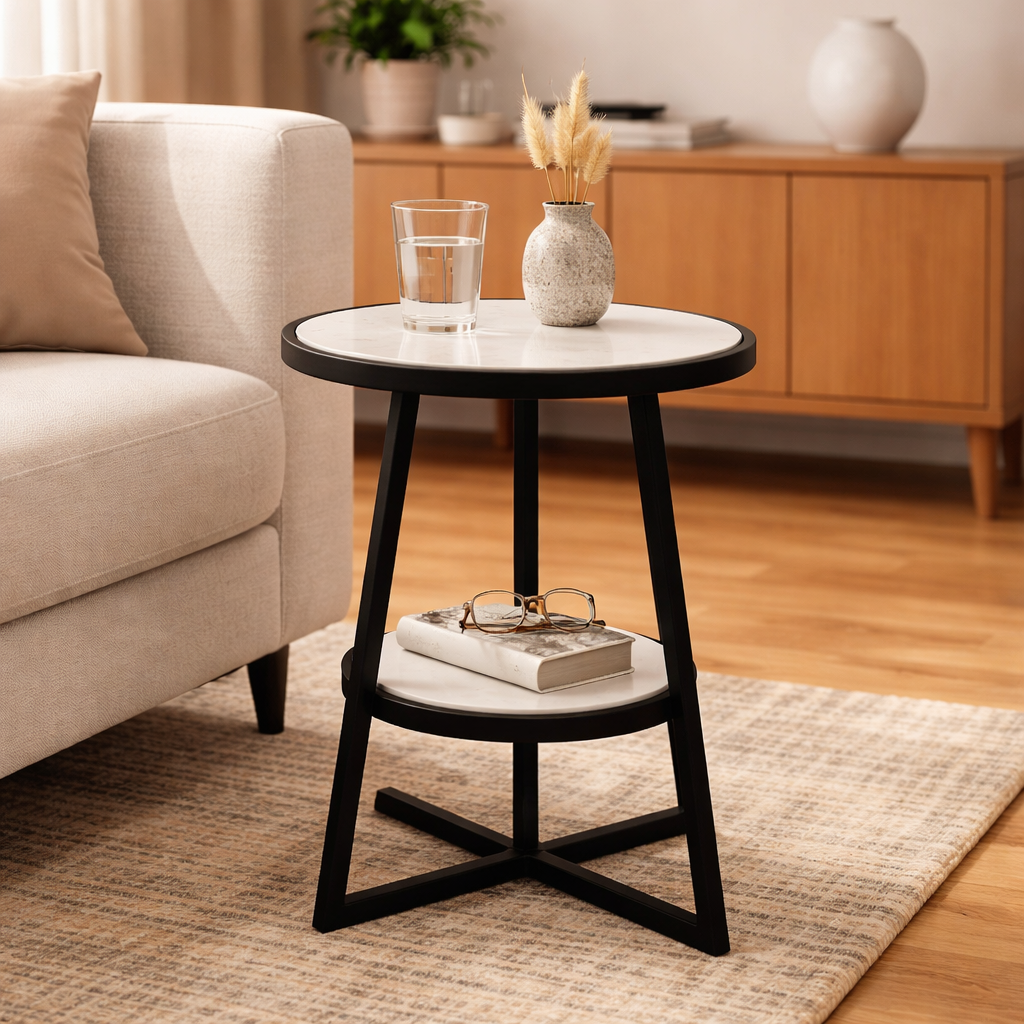 Modern 2-Tier Marble Table with Sturdy Iron Tripod Base