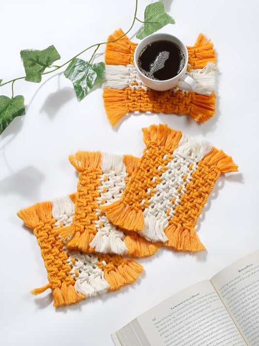 Artisan Macrame Coaster Set – Square Design, Dual-Tone – 4pc