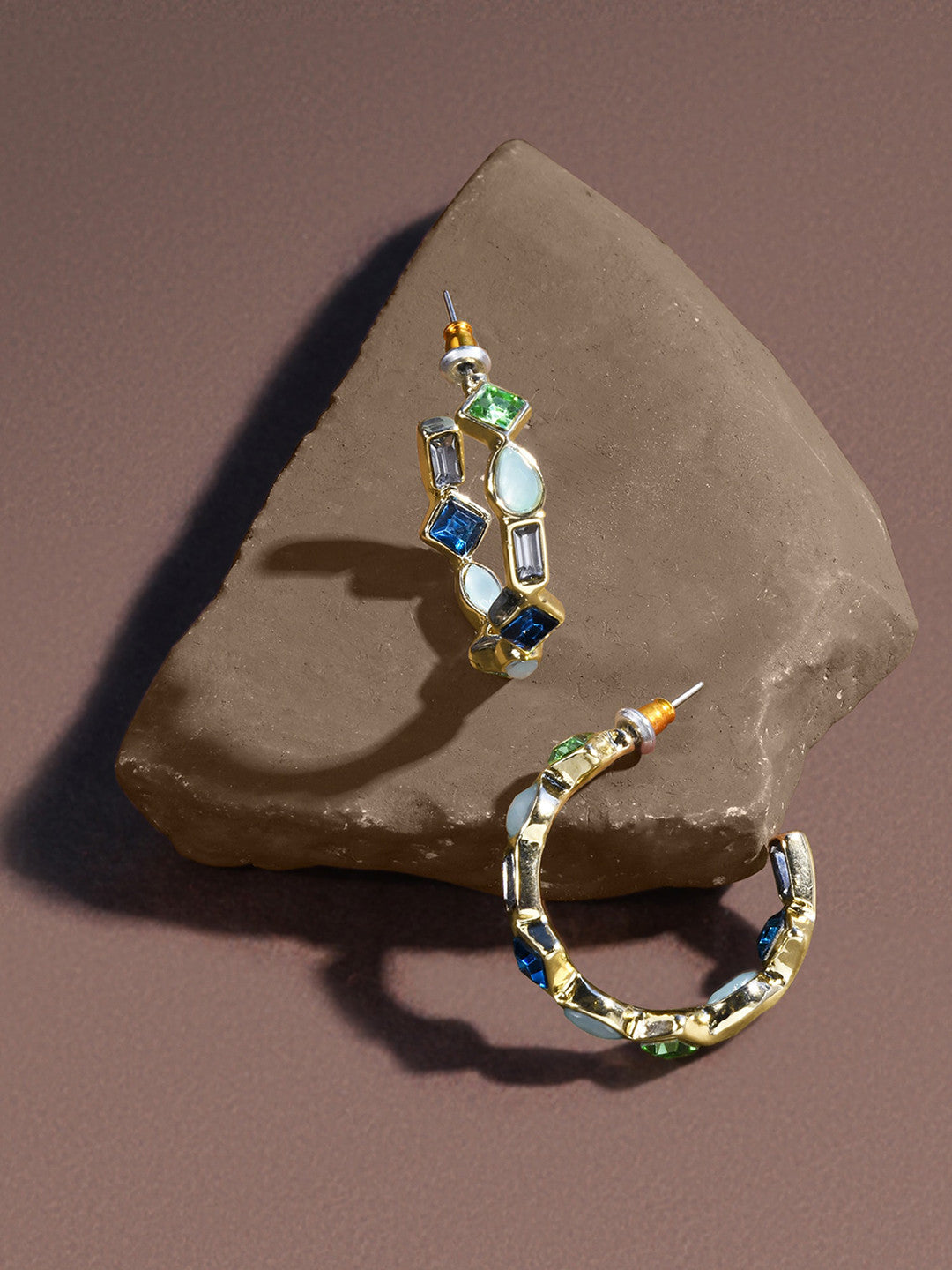 Eclectic Stone Hoop Earrings – Fashion Jewellery – Gold-toned, Artificial Stone Embellished – 3 cm Length