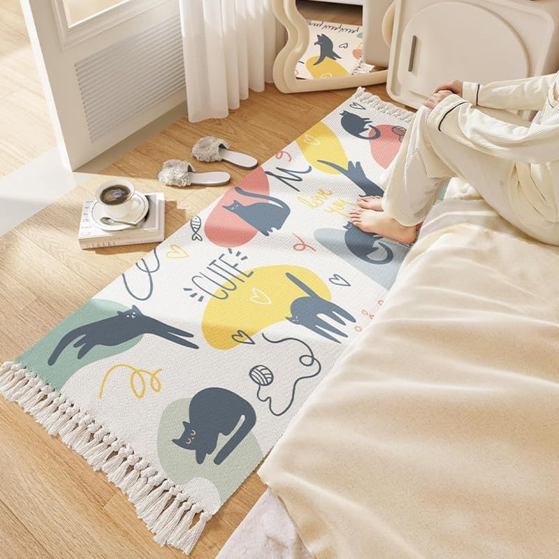 Hand Woven Printed Modern 100% Cotton Washable Bedside Runner Rug 2x5 Feet | Living Room, Bedroom, Kitchen, Cute Cat