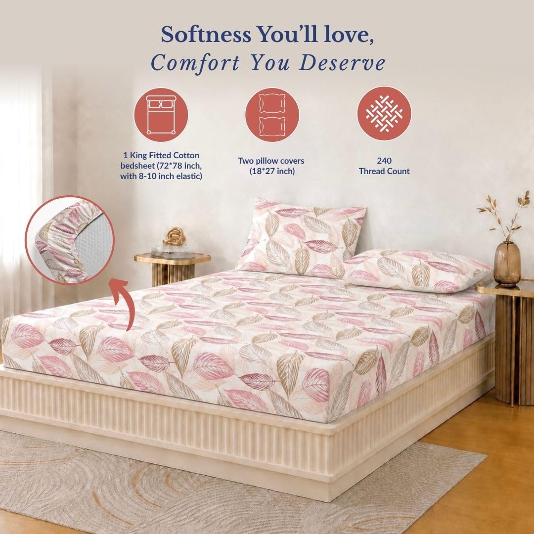 Bedsheet | 240TC Cotton Elastic Fitted | King, 72x78in, 3PC Set