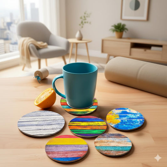 Attractive Multicolor Ceramic Drink Coaster Set of 6 with Cork Steel Holder | Water Absorbent for Cups, Mugs, Glasses, Home, Office