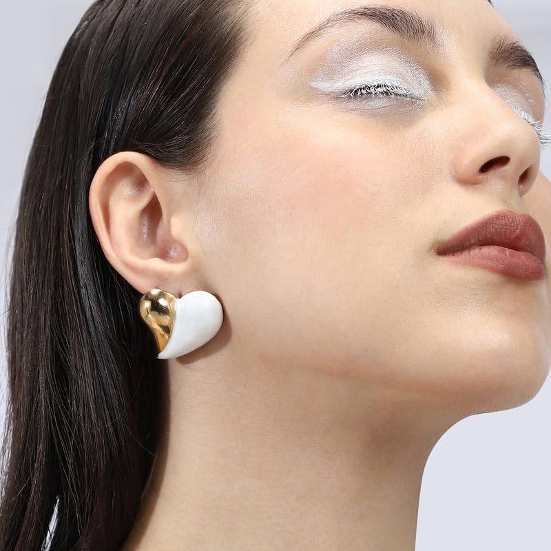 Chunky Heart Stud Earrings – Alloy – Chalk White Finish – Push Back Closure