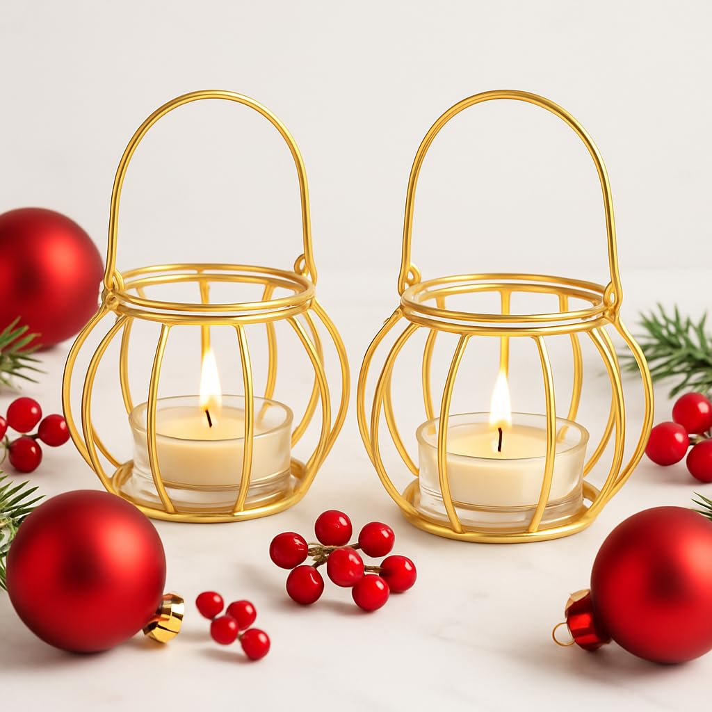 Elegant Gold Glass Hanging Diya & Tea Light Lantern | Diwali Decor, Home Gift