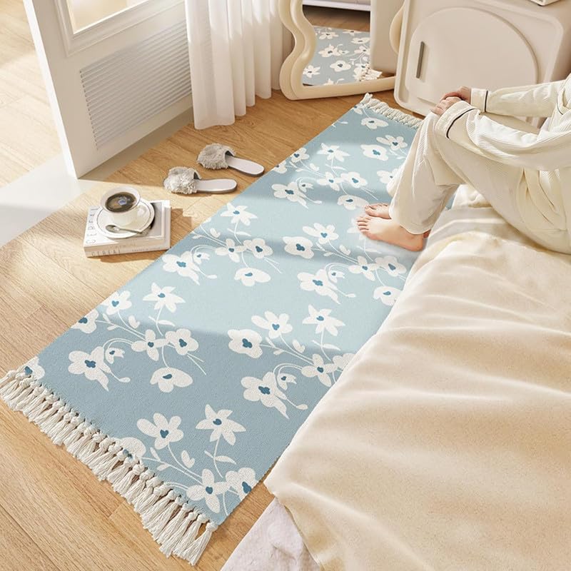 Hand Woven 100% Cotton Washable Gardenia Print Bedside Runner 2x5 ft | Carpet for Living Room, Bedroom, Kitchen