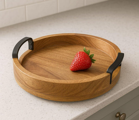 Rustic Round Wooden Serving Tray – Brown Wood Platter – Iron Handle – Medium 11" x 11" x 1.5"