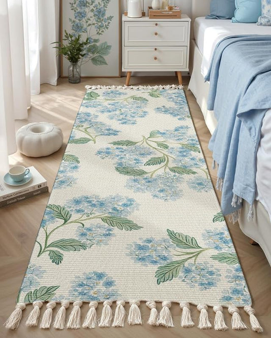 Modern Blossam Blue Floral Hand Woven Washable 100% Cotton Bedside Runner Rug 2x5 Feet | Living Room Bedroom Kitchen Carpet
