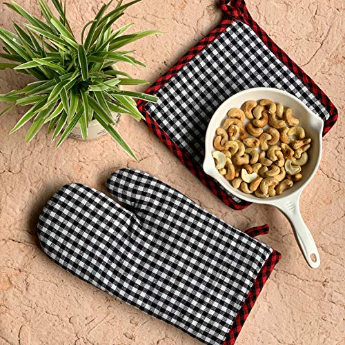 Oven Mitten with Pot Holder – Kitchen Safety Set – Breathable Leather Lining – White & Black
