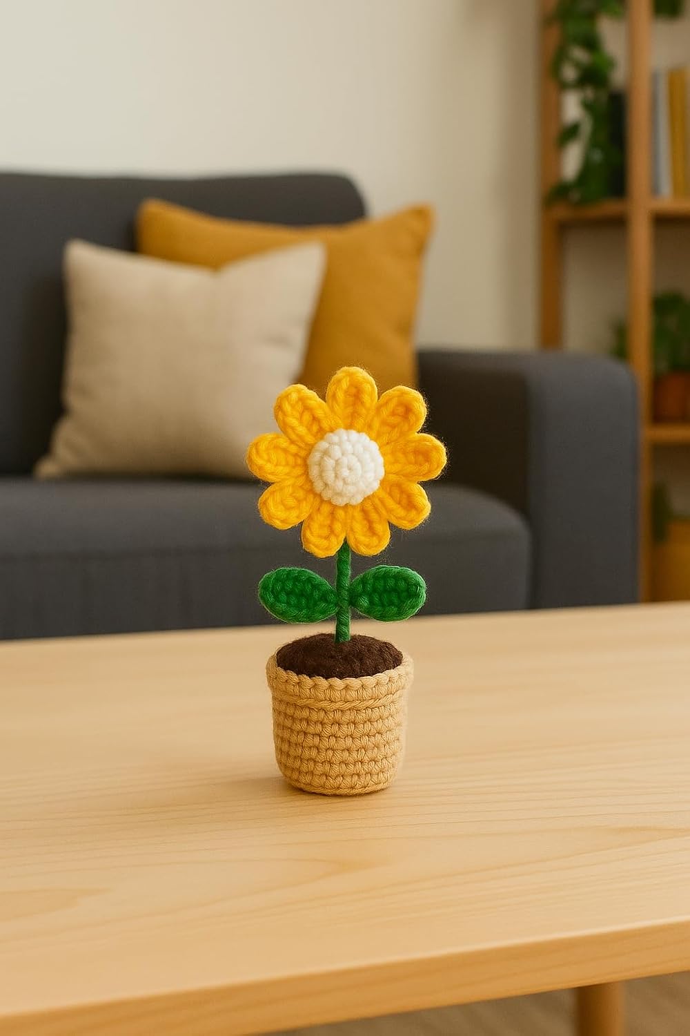 Decorative Crochet Daisy Pot – Faux Plant Display – Fade-Resistant Acrylic – 18cm Tabletop Decor