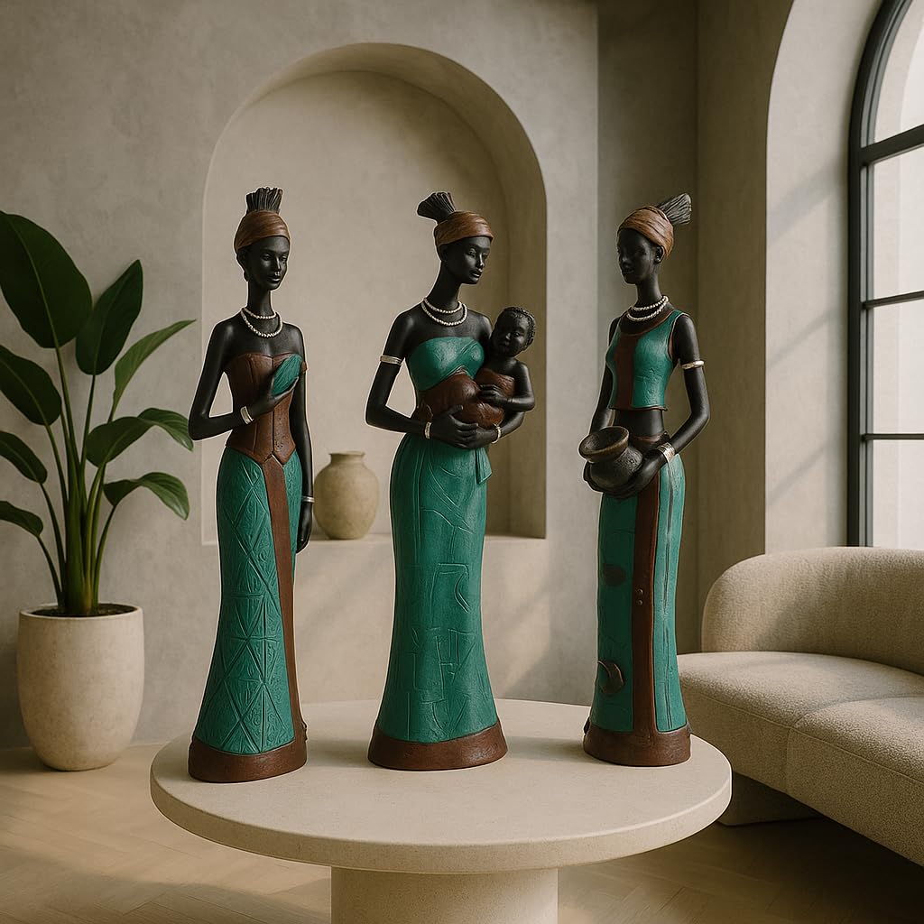 Uniquely Hand Crafted African Tribal Resin Lady Figures Home Decor (Set of 3) | Green & Black Art Statues Shelf Decor Gift