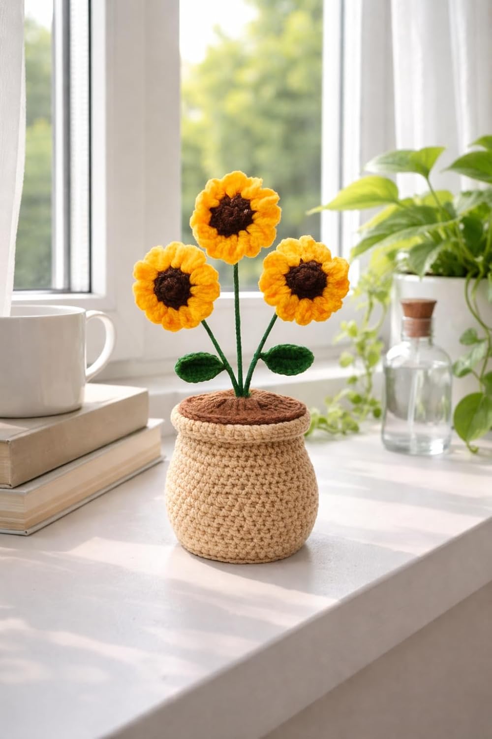 Handmade Crochet Sunflower – Artificial Potted Flower – Zero Maintenance Textile – Single Unit