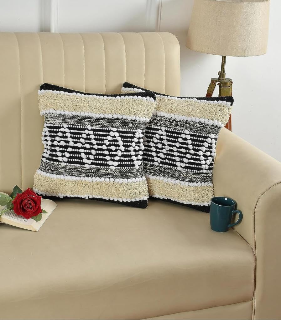 Hand Crafted Bohemian Pit Loom Cushion Cover 16x16 Set of 1 | Boho Couch Pillow Case, Living Room Decor