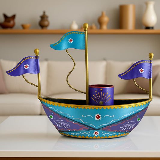 Handpainted Turkish Metal Ship Boat Naav Showpiece 26cm | Tabletop Home Decor, Office Desk Organiser, Gifts