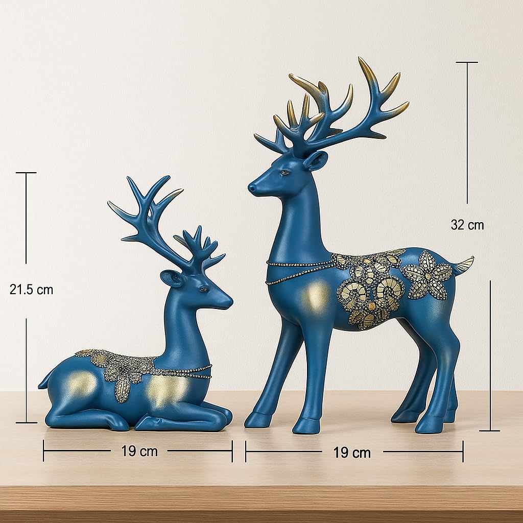 Creative Golden Resin Handcrafted Lifelike Reindeer Sculptures Figurines (Pack of 2, Blue) | Home Office Decor Gift