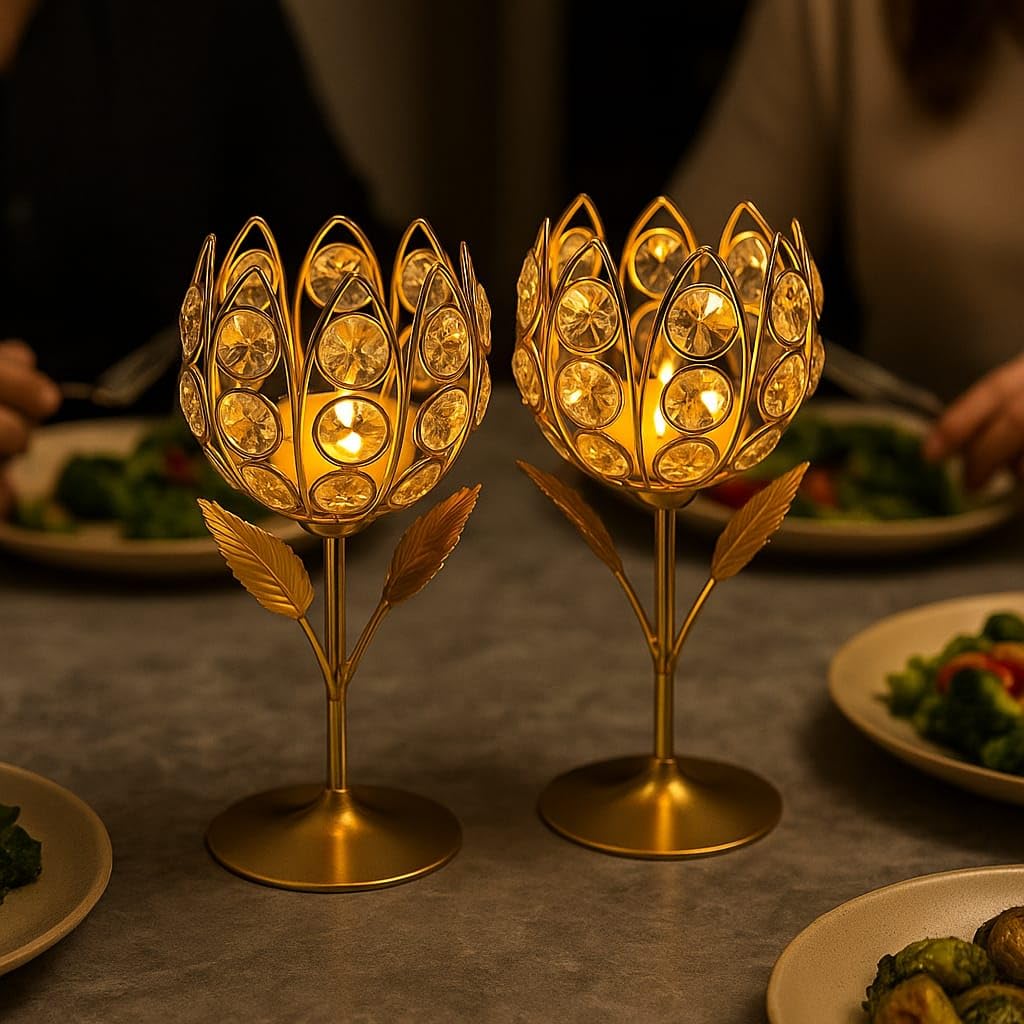 Ornate Gold Crystal Rose Lotus Tea Light Holder Set of 2 | Handcrafted K9 Votive Candle Stand for Home Decor, Diwali, Puja Gifts