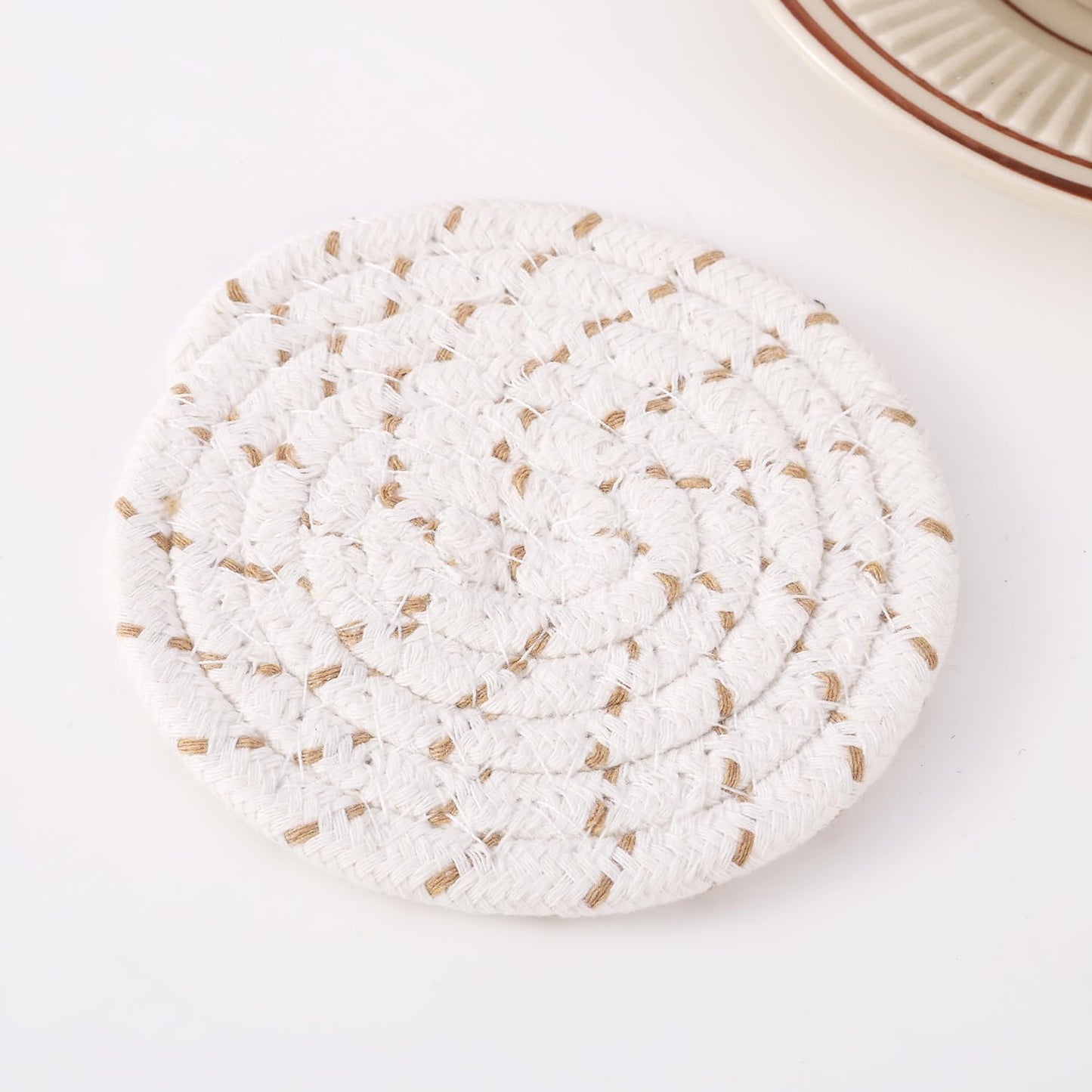Minimalist Woven Cotton Absorbent Coasters with Holder, Set of 6 (4inch) | Tabletop Drink Coasters, Housewarming Gift
