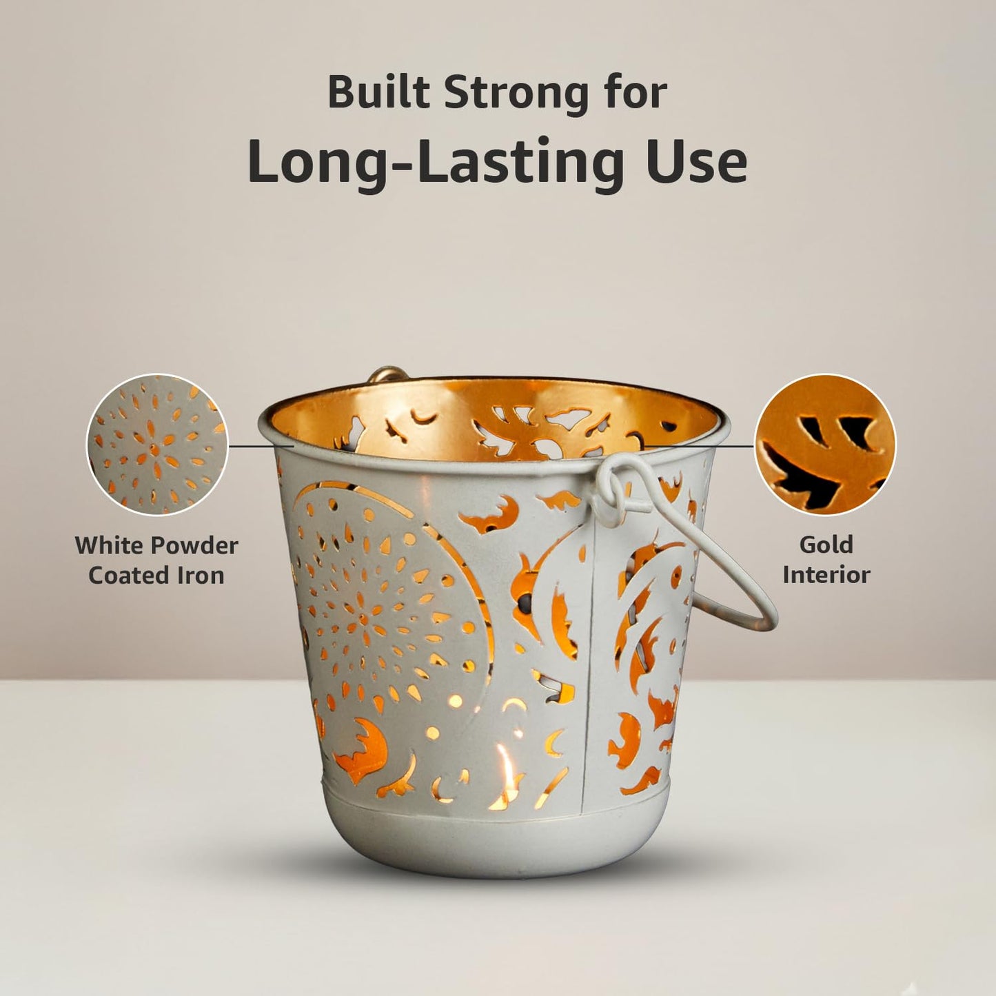 Elegant White Iron Gold Interior Round Handle Tea Light Votive, Set of 2 | Home Decor Candle Holders