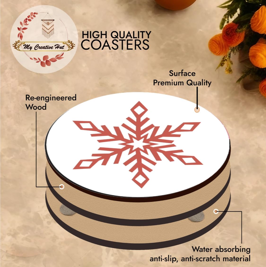 Elegant Boho Wooden Tea Coasters Set of 6 with Stand | Diwali Gifting Home Kitchen Decor Made in India