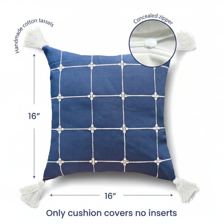Embroidered Cotton Cushion Cover Set – Home Decor Textiles – Intricate Aura Checks Design – 16x16 inch, Set of 2