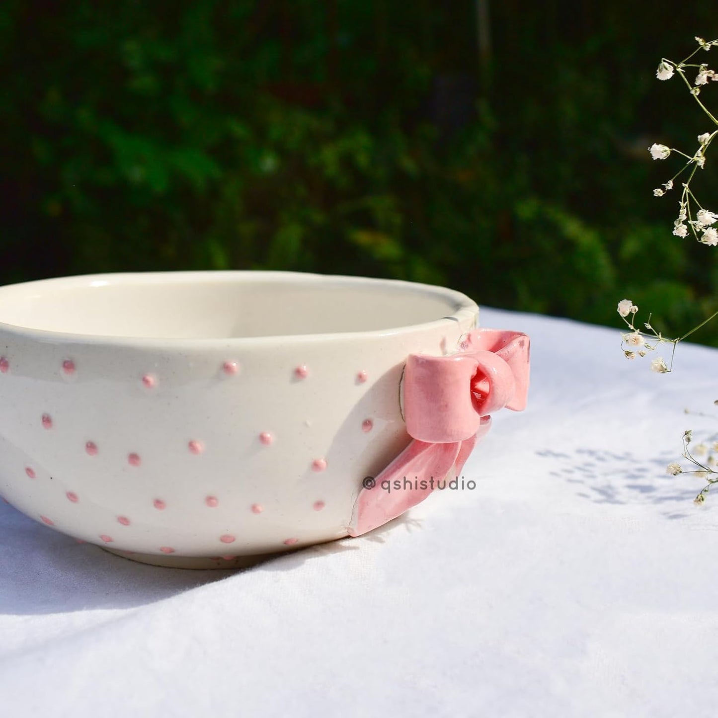Ceramic Breakfast Bowl – Pink Bow Design – Handcrafted Pottery – 450 ml