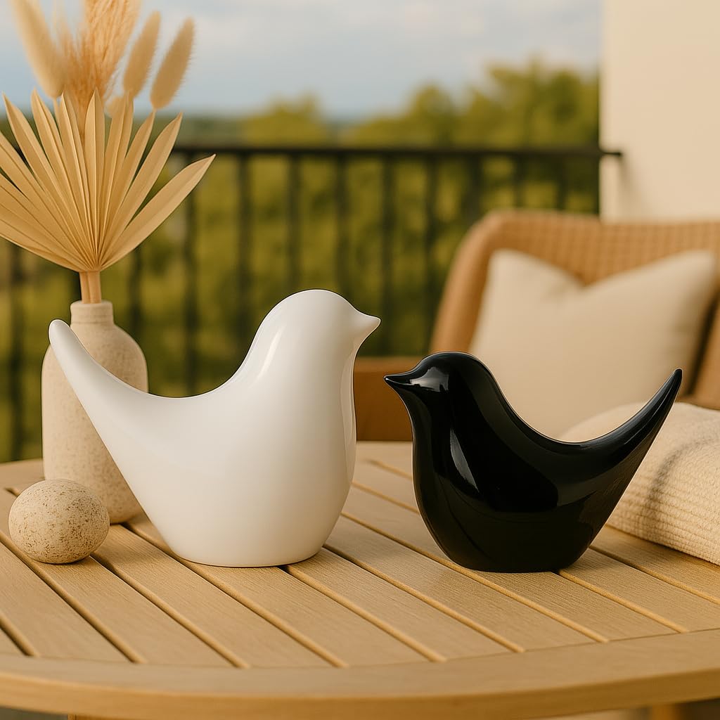 White & Black Glossy Ceramic Bird Figurines Set of 2 | Modern Home Decor, Tabletop Ornaments, Shelf Decor