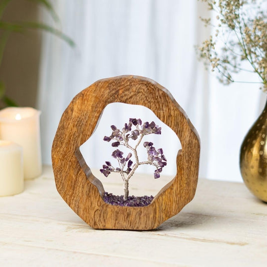 Spiritual Amethyst Crystal Tree in Wooden Ring for Chakra Healing & Feng Shui | Gemstone Bonsai Showpiece 17cm